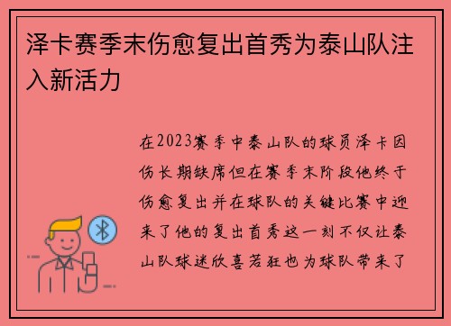 泽卡赛季末伤愈复出首秀为泰山队注入新活力